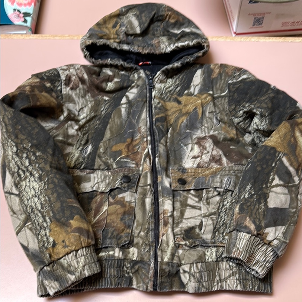 Brown and Green Puffer Jacket with Hood and Camouflage Design